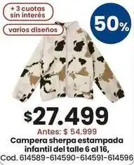 Coto Campera sherpa estampada infantil del talle 6 al 16, cod. 614589-614590-614591-614596 oferta