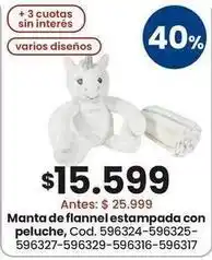 Coto Manta de flannel estampada con peluche, cod. 596324-596325-596327-596329-596316-596317 oferta