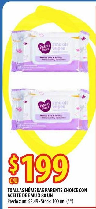 Punto Mayorista Toallas húmedas parents choice con aceite de emu x 80 un oferta