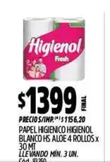 Supermercados Yaguar Higienol - papel higienico blanco hs aloe 4 rollos x 30 mt oferta