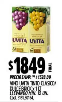 Supermercados Yaguar Uvita vino tinto clasico/ dulce brick oferta