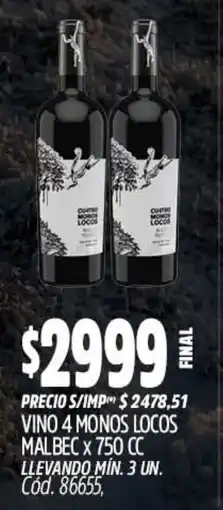 Supermercados Yaguar Cuatro monos locos vino malbec oferta