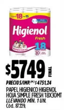 Supermercados Yaguar Higienol papel higienico higienol hoja simple fresh oferta