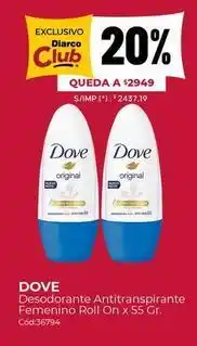 Diarco Dove - desodorante antitranspirante femenino roll on x 55 gr. cód:36794 oferta