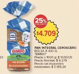 Carrefour Bimbo pan integral cero&cero oferta