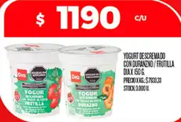 Supermercados DIA Dia yogur descremado con trozos de fruta durazno / frutilla oferta
