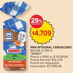 Carrefour Bimbo pan integral cero&cero bolsa oferta