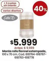 Coto Manta rollo flannel estampada, 100 x 70 cm. cod. 618764-618767-618763-618778 oferta