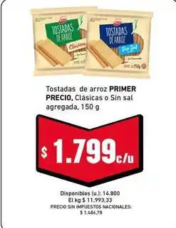 Cooperativa Obrera Primer precio - tostadas de arroz clásicas o sin sal agregada oferta