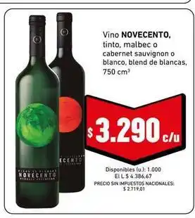 Novecento - vino tinto, malbec o cabernet sauvignon o blanco, blend de blancas