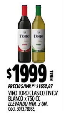 Supermercados Yaguar Toro vino clasico tinto/ blanco oferta