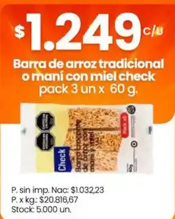 Changomas Check barra de arroz tradicional o maní con miel oferta