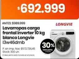 Changomas Longvie lavarropas carga frontal inverter 10 kg blanco oferta