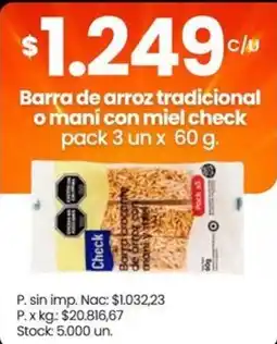 Changomas Check barra de arroz tradicional o maní con miel oferta