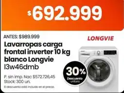 Changomas Longvie lavarropas carga frontal inverter 10 kg blanco oferta