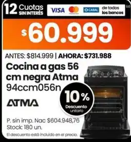 Changomas Atma cocina a gas negra oferta