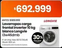 Changomas Longvie - lavarropas carga frontal inverter 10 kg 13w46dmb oferta