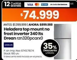 Changomas Drean - heladera top mount no frost inverter 340 lts rzn320pcarx0 oferta