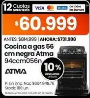 Changomas Atma - cocina a gas 56 cm negra 94ccm056n oferta