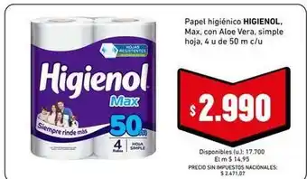 Higienol - papel higi3enico max, simple hoja