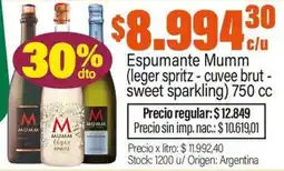 Josimar Mumm espumante (leger spritz - cuvee brut - sweet sparkling) oferta
