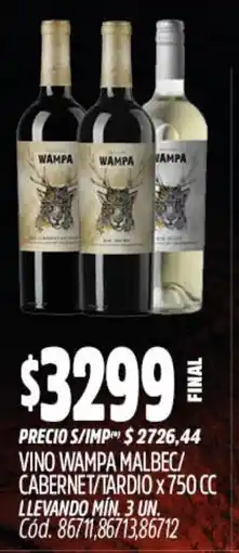 Supermercados Yaguar Wampa vino malbec/ cabernet/tardio oferta