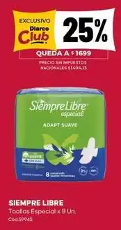 Diarco Siempre libre - toallas especial x 8 un. cod 59945 oferta