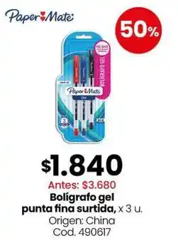Coto Paper mate - bolígrafo gel punta fina surtida, x 3 u. cod. 490617 oferta