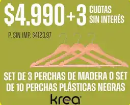 Supermercados Vea Krea set de 3 perchas de madera o set de 10 perchas plásticas negras oferta