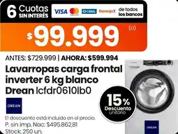 Changomas Drean lavarropas carga frontal inverter 6 kg blanco oferta