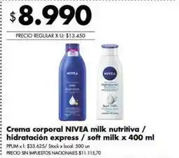 Disco Nivea - crema corporal milk nutritiva / hidratación express soft milk oferta