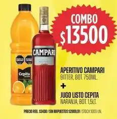 Supermercados Vea Cepita - aperitivo campari bitter, bot. 750ml. + jugo listo cepita naranja, bot. 1.5lt oferta