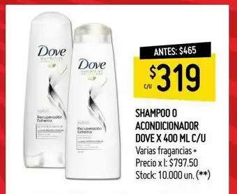 Changomas Shampoo o acondicionador dove x 400 ml c/u oferta