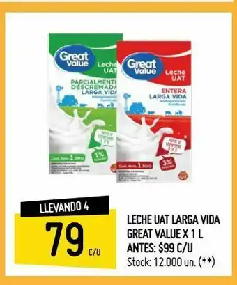 Walmart Leche uat larga vida great value x 1 l oferta