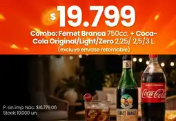 Changomas Fernet branca + coca- cola original/light/zero oferta