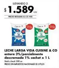 Disco Leche larga vida cuisine & co entera 3%/parcialmente descremada 1% sachet x 1 l oferta