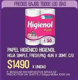 Supermercados Vea Higienol - papel higi enico higienol hoja simple, fresh, paq. 4un x 30mt. c/u oferta