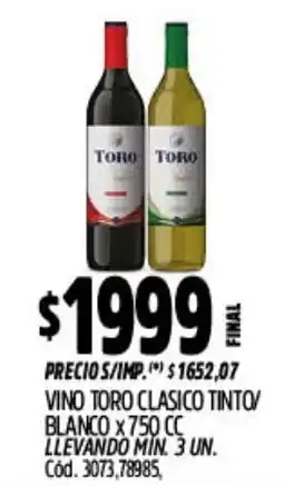 Supermercados Yaguar Toro vino clasico tinto/ blanco oferta