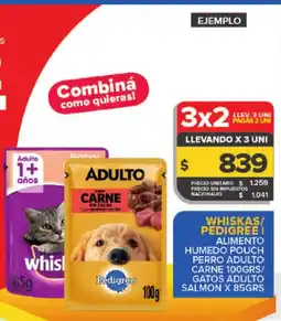 Carrefour Maxi Whiskas/ Pedigree alimento humedo pouch perro adulto carne 100grs/ gatos adulto salmon x 85grs oferta