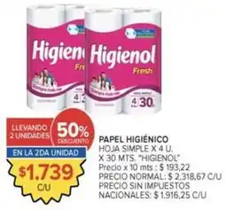 Carrefour Higienol - papel higi enico hoja simple x 4 u. x 30 mts oferta