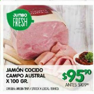 Jumbo Jamón cocido campo austral x 100 gr oferta