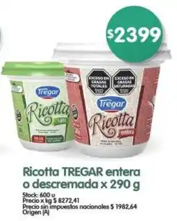 Supermercados Buenos Días Tregar ricotta entera o descremada oferta