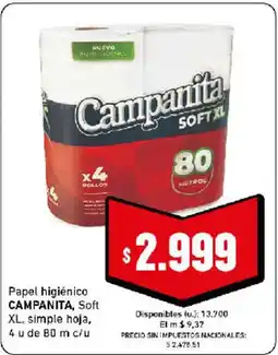 Cooperativa Obrera Campanita papel higiénico soft xl oferta