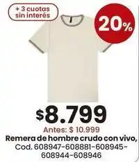 Coto Remera de hombre crudo con vivo, cod. 608947-608881-608945-608944-608946 oferta