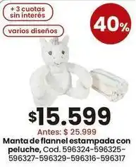 Coto Manta de flannel estampada con peluche, cod. 596324-596325-596327-596329-596316-596317 oferta