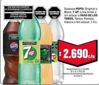 Pepsi - gaseosa original o black, 7 up, lima limón o sin azúcar o paso de los toros