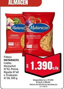Cooperativa Obrera Matarazzo - fideos codito, mostachol n°52, penne rigatte n°48 o tirabuzón n°28, 500 g oferta