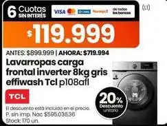 Changomas Tcl - lavarropas carga frontal inverter 8kg gris effiwash tcl p108afl oferta
