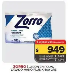 Carrefour Maxi Zorro - jabon en polvo lavado mano plus x 400 grs oferta