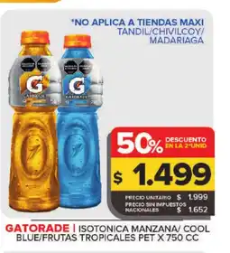 Carrefour GATORADE isotonica manzana/ cool blue/frutas tropicales pet x 750 cc oferta